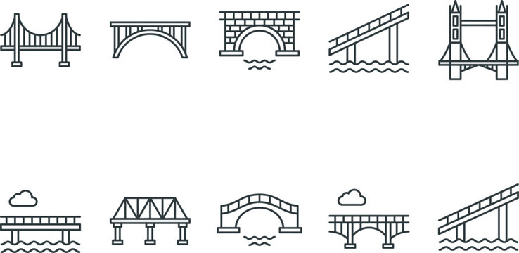 Bridge architecture and urban infrastructure line icon set featuring suspension arch stone truss and drawbridge structures,