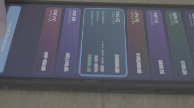 The balance of virtual credit cards in different currencies on a smartphone screen, a concept of financial risk diversification
