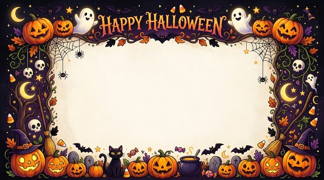 Halloween pumpkin border frame with spooky decorations and happy halloween greeting