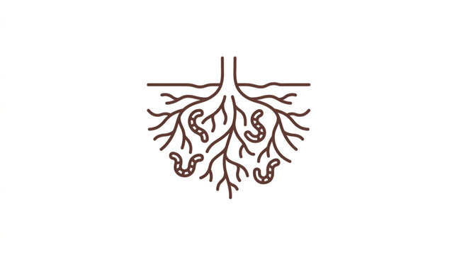 Illustration of earthworms in soil around plant roots.