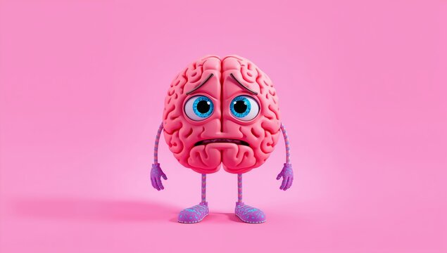Cartoon brain character with large blue eyes and purple gloves stands against a pink background, displaying a sad expression and cartoonish features