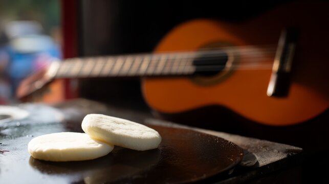 Arepas on cast-iron griddle beside cuatro guitar, tropical culinary and music scene.
