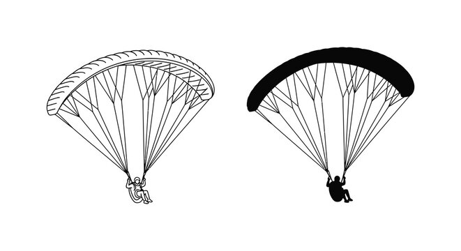 Paraglider with pilot illustration detailed line art and black silhouette glider