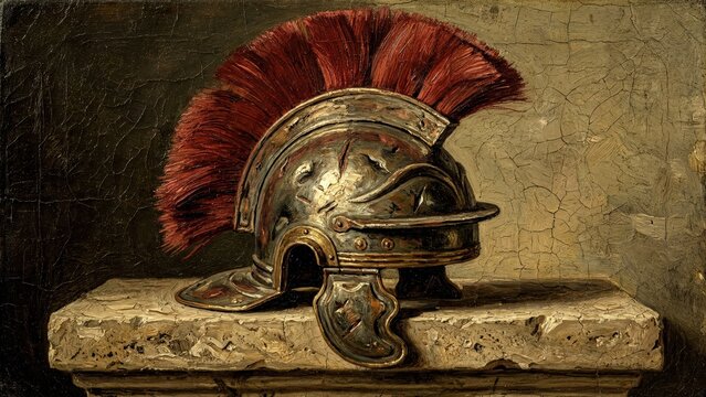 Roman Centurion Helmet with Crimson Crest Antique Bronze Still Life Materic Oil Painting