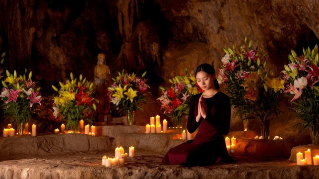 Cave shrine with lilies and candles, woman in silent devotion.
