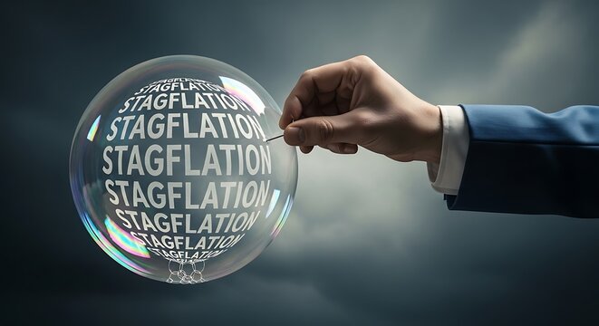 A hand, dressed in formal wear, pricks a bubble labeled "STAGFLATION", a dark backdrop
