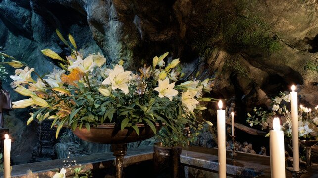 Cave shrine with lilies and candles, woman in silent devotion.
