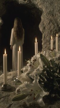 Cave shrine with lilies and candles, woman in silent devotion.
