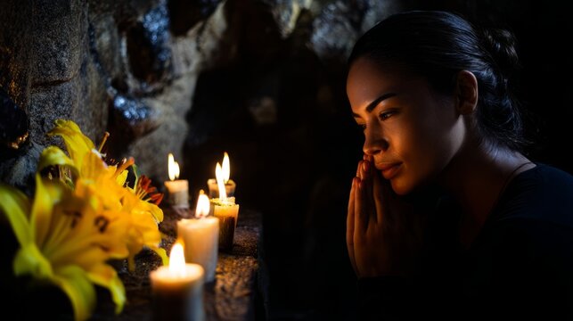 Cave shrine with lilies and candles, woman in silent devotion.
