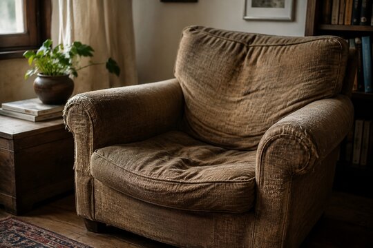 An old, well-worn armchair with a sunken cushion in a cozy corner.