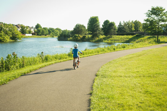 Child on bicycle riding on a sunny park path with copy space