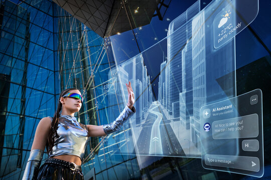 Woman interacts with augmented reality city map