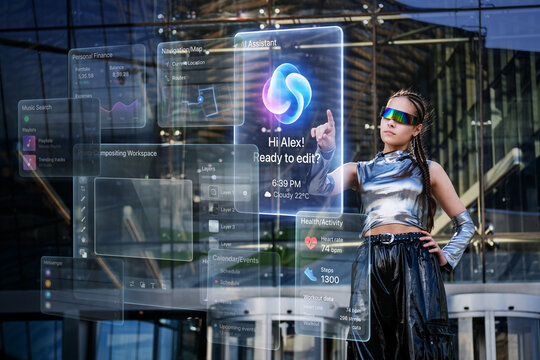 Young woman interacts with futuristic holographic AI display