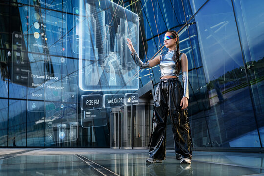 Young woman interacts with holographic AR interface