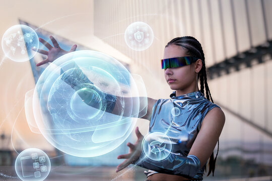 Futuristic woman interacts with a holographic user interface