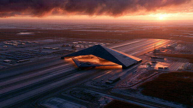 Epic cinematic aerial shot of a massive strategic bomber base inspired by Whiteman Air Force Base Missouri, B-2 Spirit stealth bombers parked outside enormous climate-controlled ha