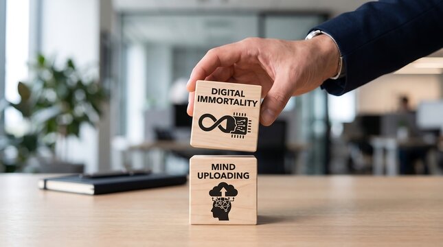 Hand holding digital immortality block above mind uploading block on office desk