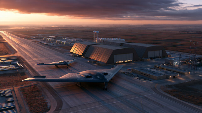 Epic cinematic aerial shot of a massive strategic bomber base inspired by Whiteman Air Force Base Missouri, B-2 Spirit stealth bombers parked outside enormous climate-controlled ha