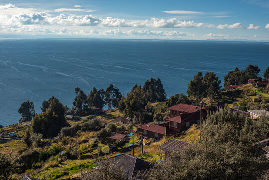 Houses facing Lake Titicaca on Taquile Island.