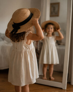 Little girl admiring herself in grandmother's hat