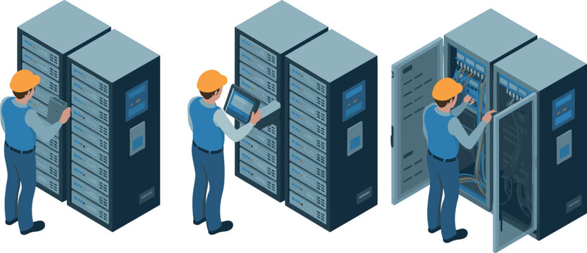Isometric data center technician vector icon set showing network engineers maintaining server racks, managing cables, and fixing hardware infrastructure