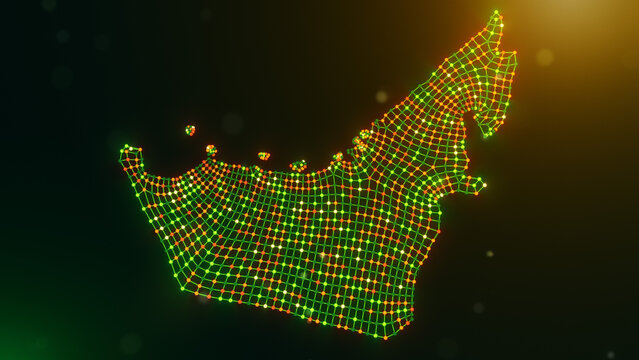 Abstract United Arab Emirates map formed by wavy interconnected nodes and lines over a glowing green yellow orange bokeh background, symbolizing digital infrastructure and intelligent connectivity.