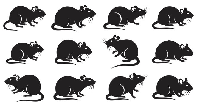 Black Rat Silhouettes In Various Poses Isolated On White Background