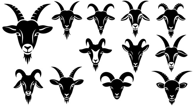 Goat head silhouettes collection black vector graphics on a white background