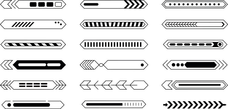 Futuristic sci-fi interface dividers tech digital game level loading progress bar borders abstract linear vector element collection set
