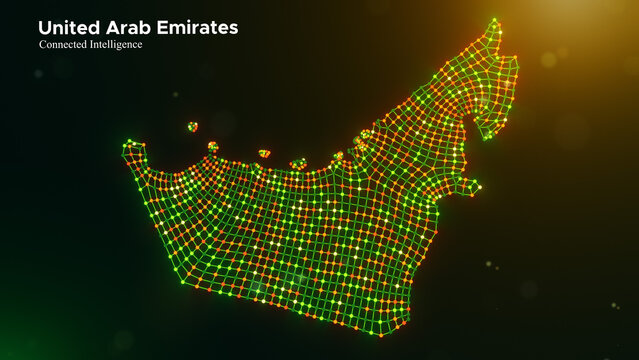 United Arab Emirates connected intelligence concept featuring a digital node network map and modern typography on a vibrant green yellow orange technology background with glowing bokeh lights.
