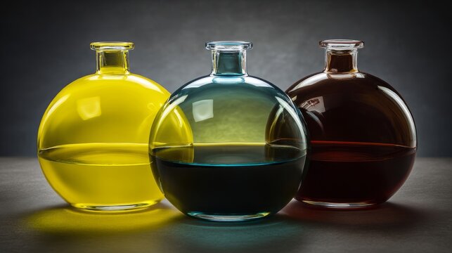 Colorful liquids in round glass demijohns creating light refraction, dark background, crisp details.
