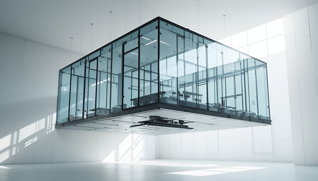 Modern office space with glass walled meeting room suspended in air