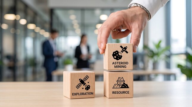 Hand placing wooden block with asteroid mining on top of resource blocks on office table
