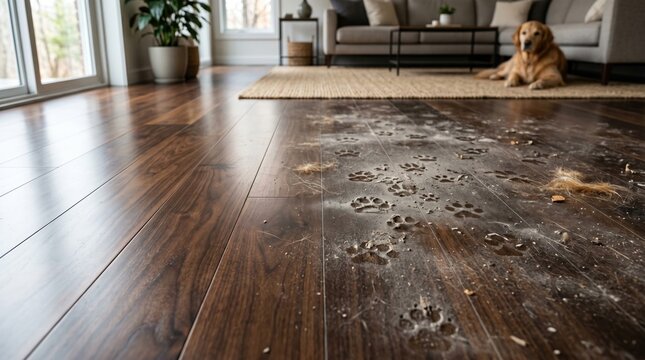 Dirty dog paw prints and pet hair on hardwood floor in living room cleaning concept.