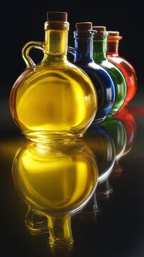 Colorful liquids in round glass demijohns creating light refraction, dark background, crisp details.
