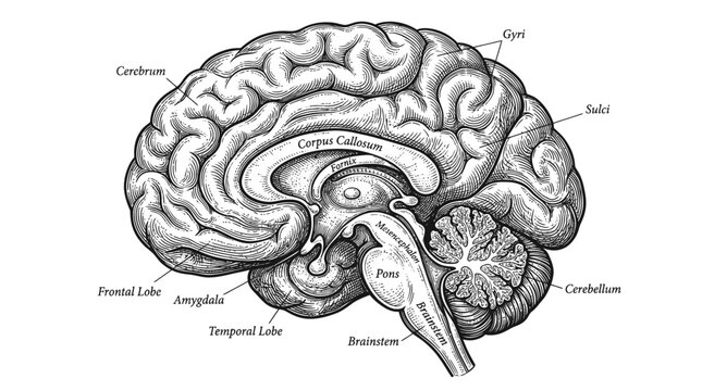 Human brain anatomy cross section diagram with scientific labels