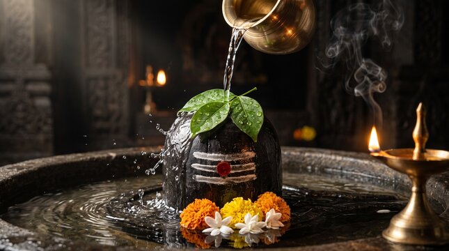 Lord Shiva lingam puja with water pouring abhishek and traditional bel patra and marigold flowers