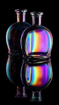 Colorful liquids in round glass demijohns creating light refraction, dark background, crisp details.
