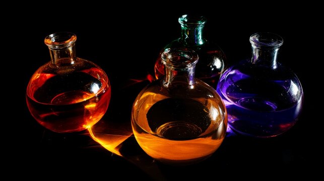 Colorful liquids in round glass demijohns creating light refraction, dark background, crisp details.
