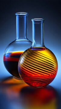 Colorful liquids in round glass demijohns creating light refraction, dark background, crisp details.
