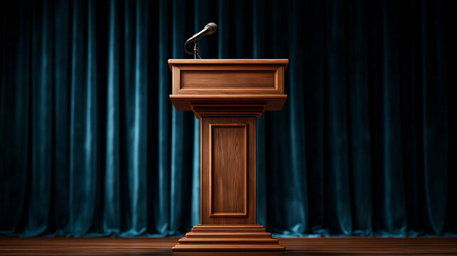 A wooden lectern with a microphone against a dark velvet curtain.