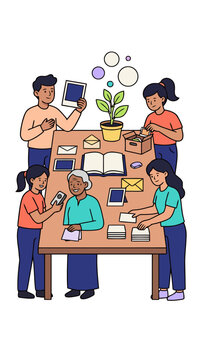 Intergenerational group sorting mail and photos at a table, representing connection and shared memories among family
