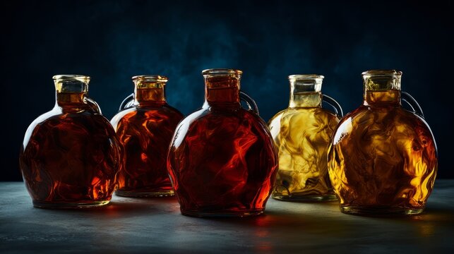 Colorful liquids in round glass demijohns creating light refraction, dark background, crisp details.
