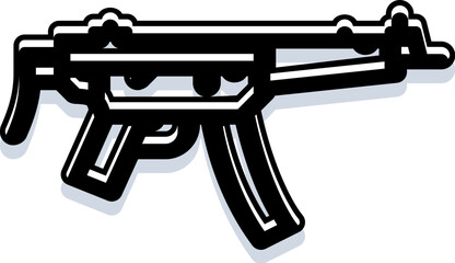 Military firearm icon with bold black lines and white highlights creating a striking visual, symbolizing tactical tools, security, conflict, defense, and the concept of firepower © vectorwin