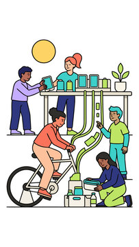 Young people collaborating on a recycling project using a bicycle powered generator and plant growth system