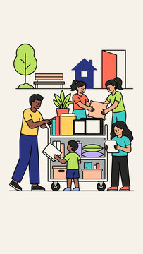 Family moving into a new home with boxes and belongings on a trolley