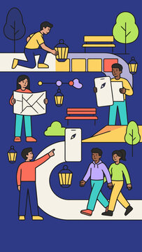 Young people collaborate on a collaborative map and guide project in a park with lamps and benches