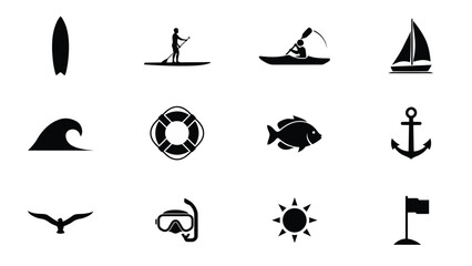 Minimalist black and white icons showcase diverse water sports and nautical themes for modern branding © Suranjana