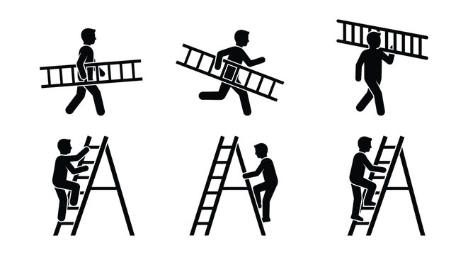 Stick figure silhouettes depicting people with ladders vector illustration