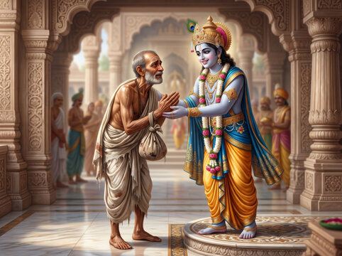 Lord Krishna Joyfully Welcoming His Childhood Friend Sudama at the Royal Palace of Dwarka Celebrating Eternal Friendship Compassion and Devotion
